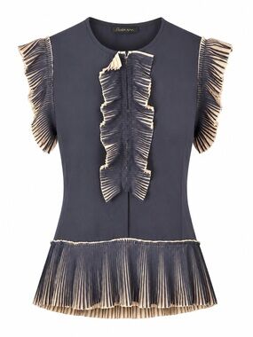 Stella Nova Copenhagen Ruffle Pleated Sleeveless Blouse Navy Cream EU 40 US 8